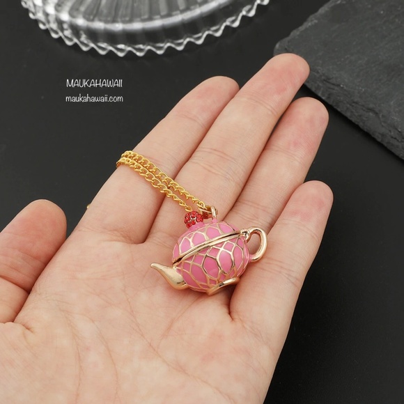 Enamel Pink Teapot Poison Pill Secret Compartment Necklace w 18 in Chain New! - Picture 12 of 14